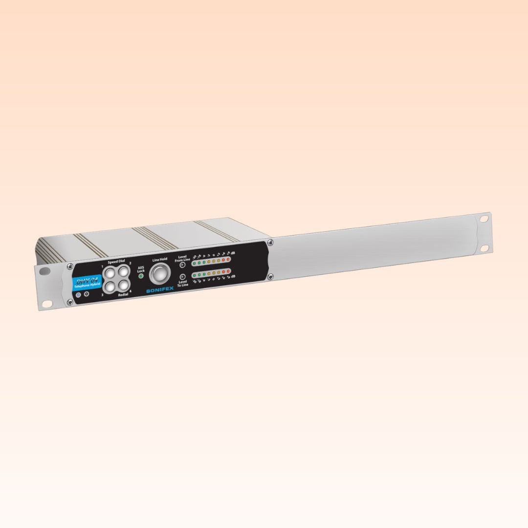 Angled view of Sonifex DHY-04 Rack Mounted on light orange background