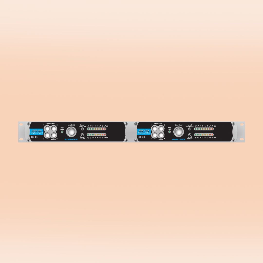 Front panel of Sonifex DHY-04T on peach background