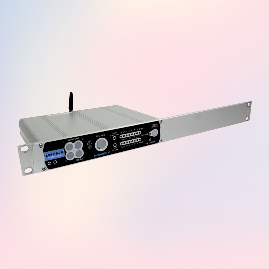 Angled shot of Sonifex DHY-04V Rack Mounted on pink and purple background