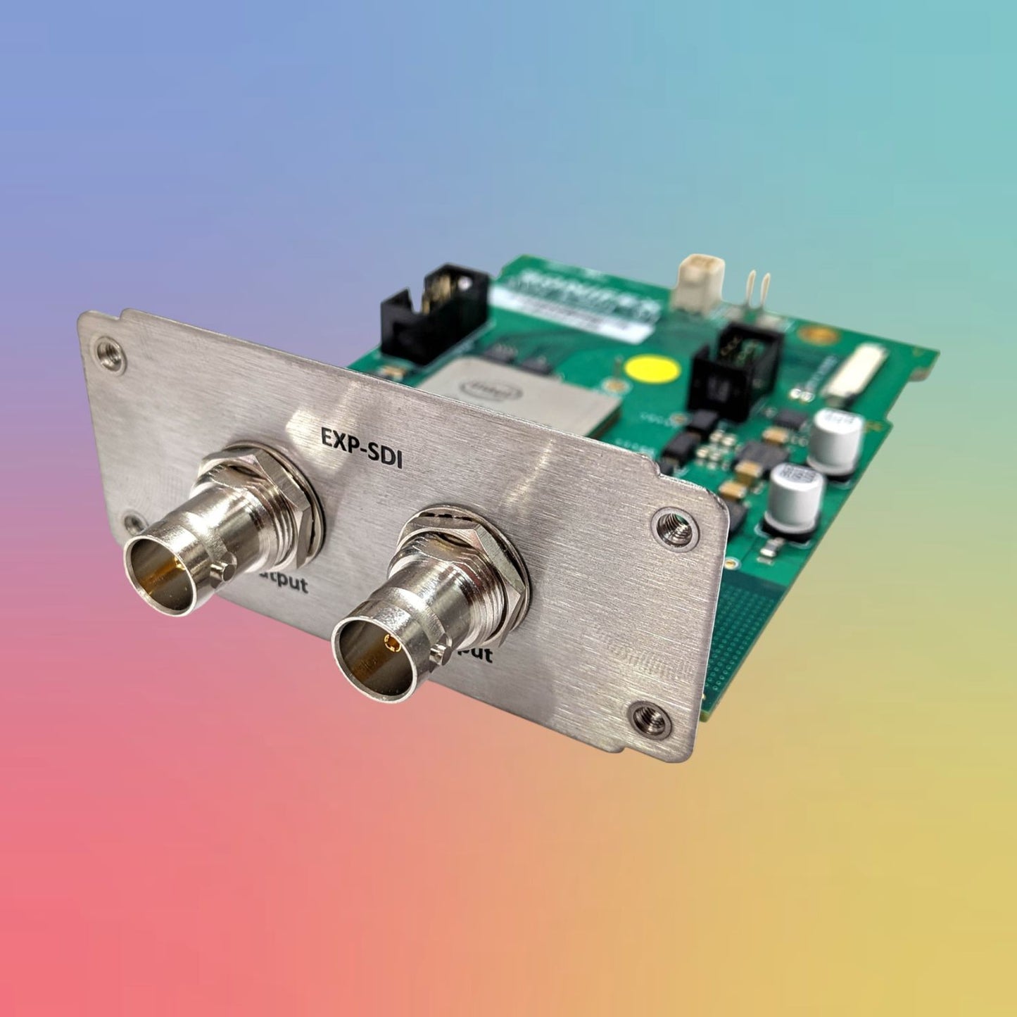 Angled front view of Sonifex EXP-SDI 12G/6G/3G/HD-SDI Expansion Card on multicolored background
