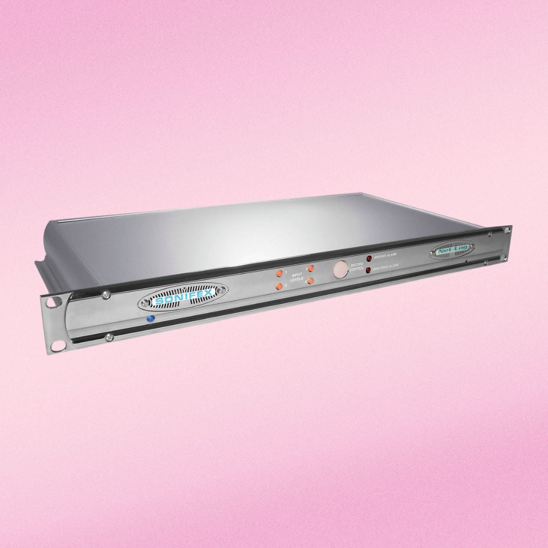 Front view of Sonifex Net-Log 4-Channel Network Audio Logger on pink background