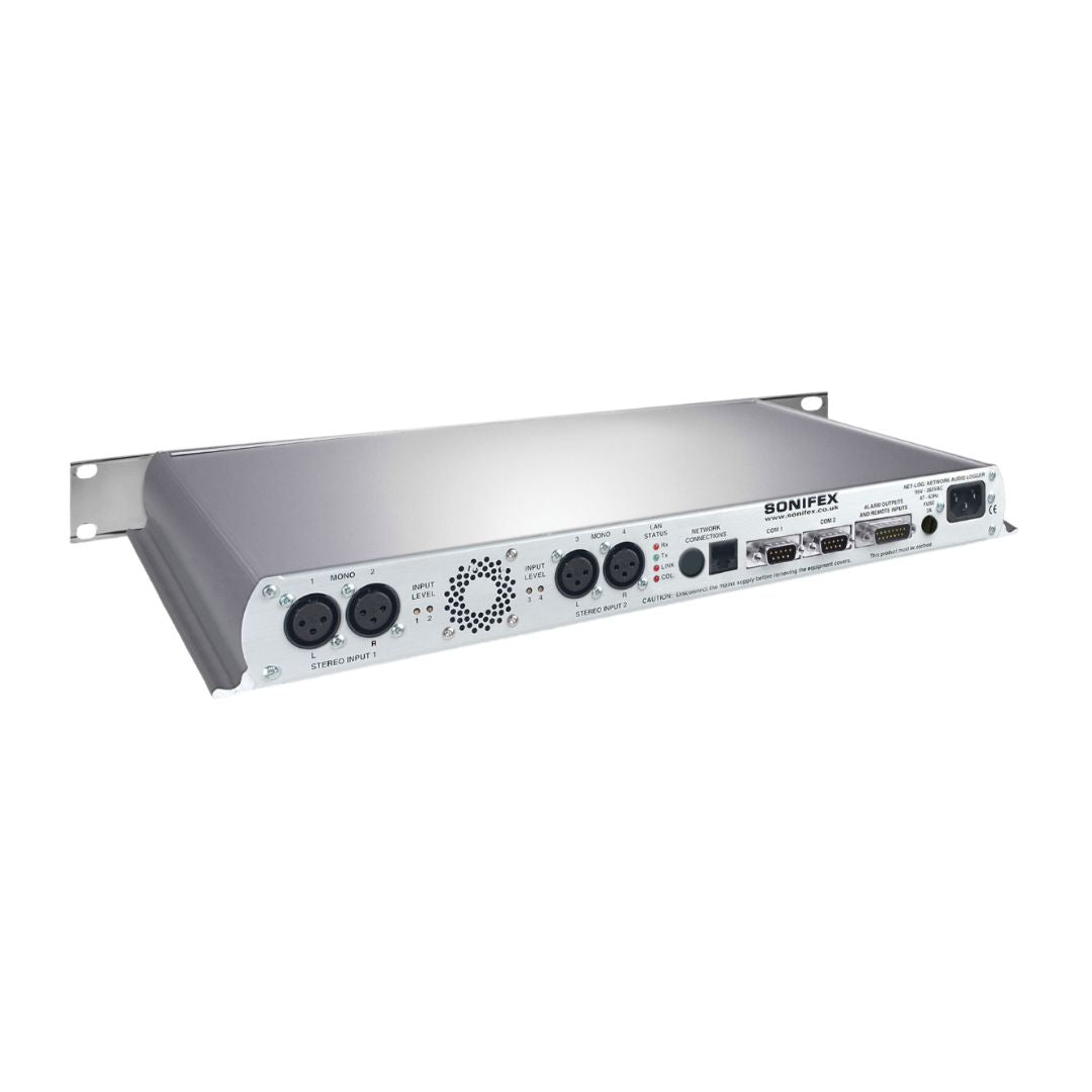 Rear view of Sonifex Net-Log 4-Channel Network Audio Logger on white background