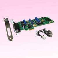 Angled front view of Sonifex PC-AD2 with cables and brackets on pink background