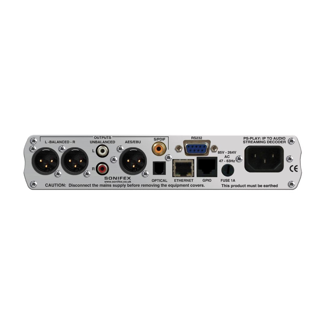 Rear view of Sonifex PS-PLAY on white background
