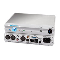 Pair of Sonifex PS-SEND Desktop Unit versions stacked on each other displaying front and rear panels on white background