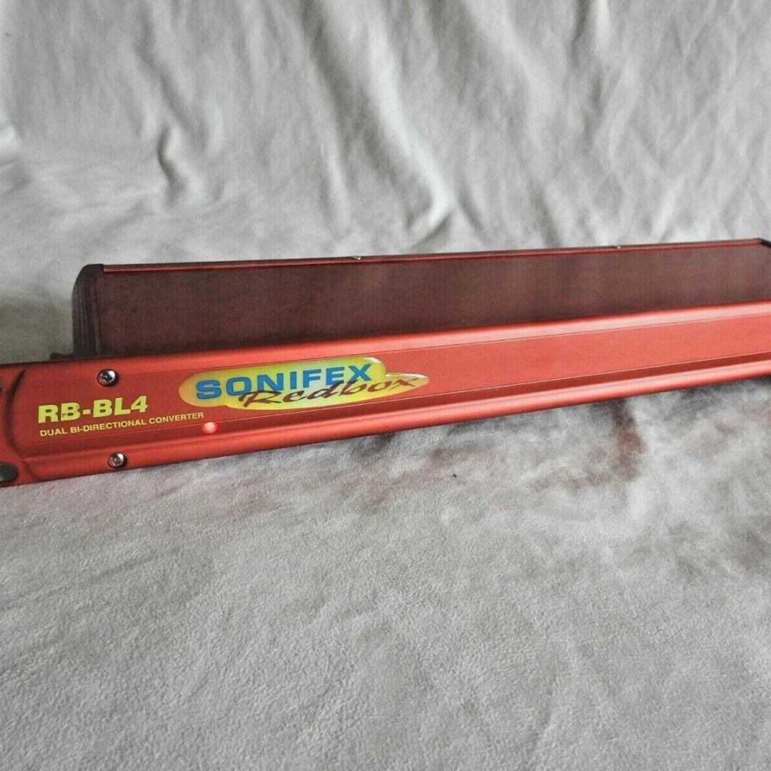 Close up of front panel of Sonifex RB-BL4 on light gray cloth