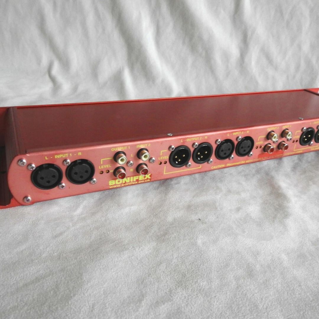 Close up of rear panel of Sonifex RB-BL4 on light gray cloth