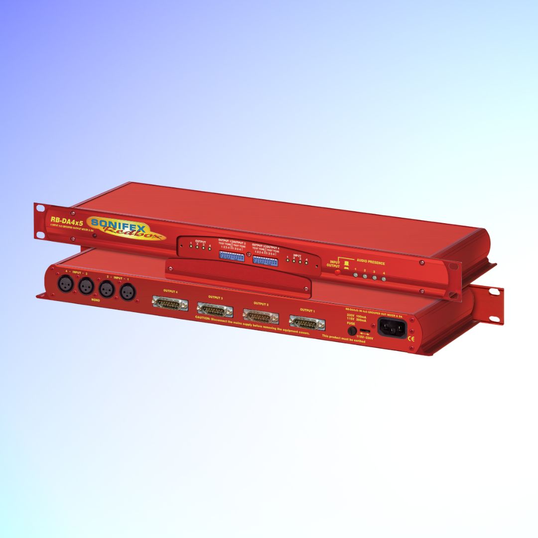 Pair of Sonifex RB-DA4x5 stacked displaying front and rear panels on blue background