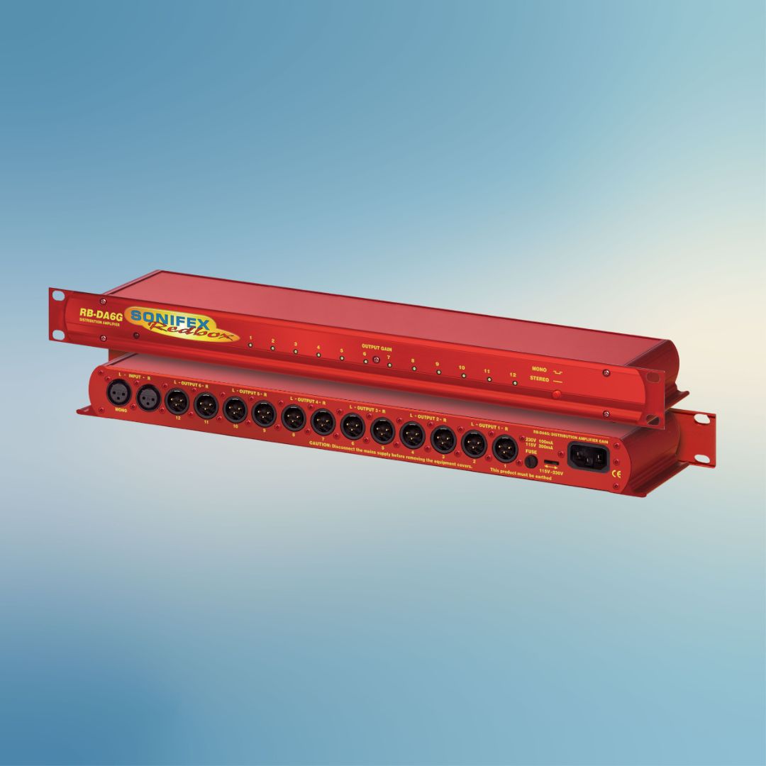 Pair of Sonifex RB-DA6G stacked displaying front and rear panels on blue background