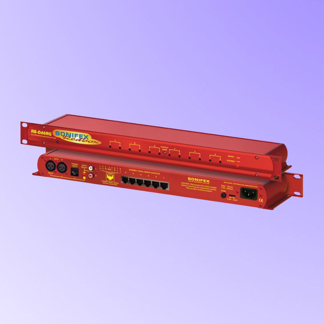 Pair of Sonifex RB-DA6RG stacked displaying front and rear panels on purple background