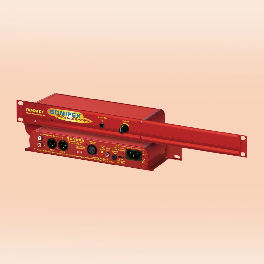Pair of Sonifex RB-DAC1 stacked on each other displaying rear and front panels on orange background