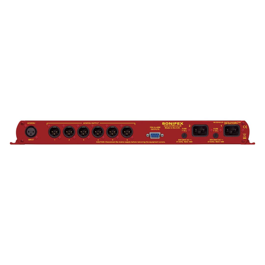 Rear panel of Sonifex RB-DDA6A Dual Power Supply on white background