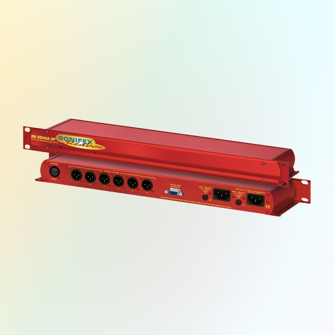 Pair of Sonifex RB-DDA6A Dual Power Supply displaying its front and rear panels on green and yellow gradient background