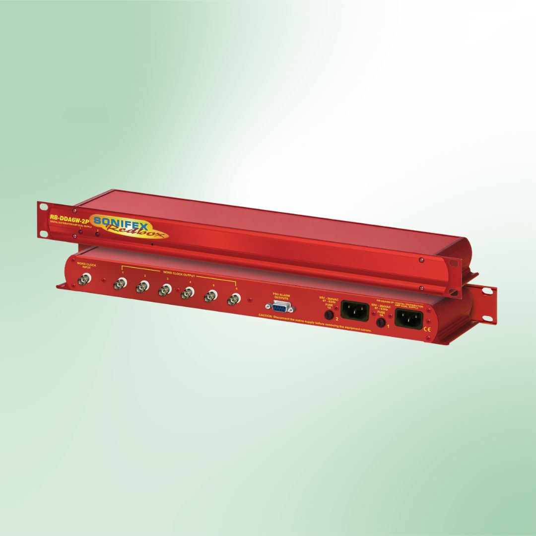 Pair of Dual Power Supply Sonifex RB-DDA6W stacked displaying rear and front panels on green background