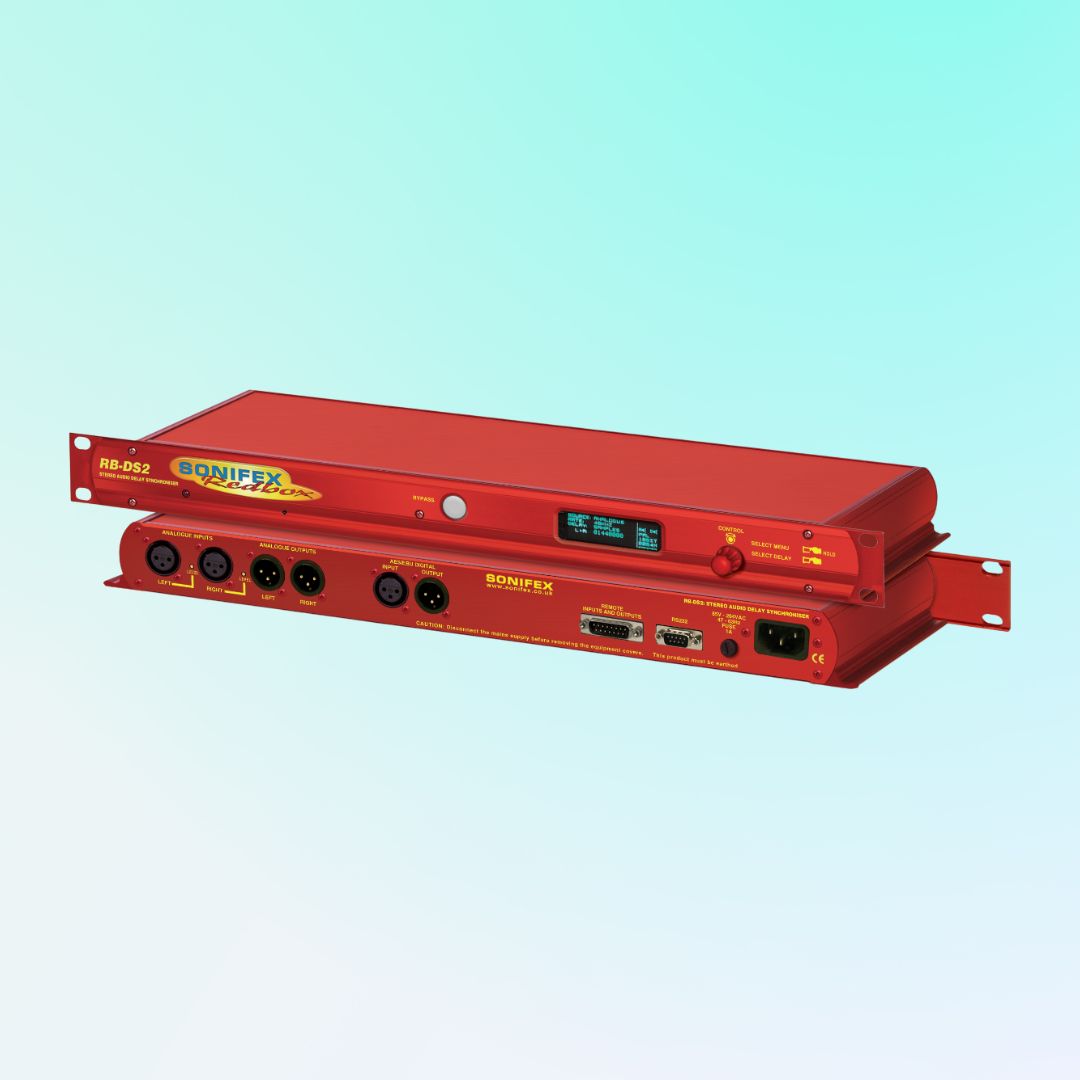 Pair of Sonifex RB-DS2 stacked on each other on an angle displaying front and rear panels on blue background