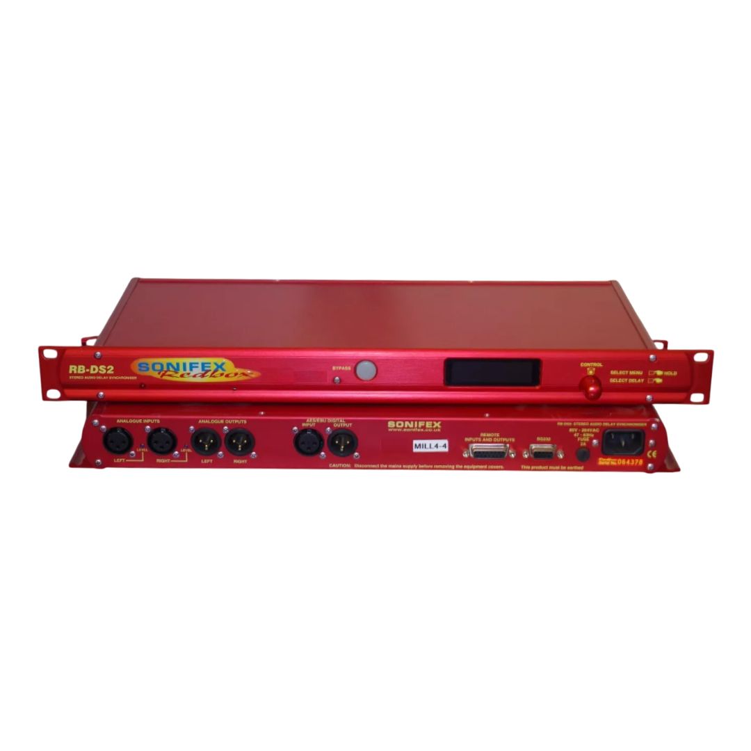 Pair of Sonifex RB-DS2 stacked on each other displaying front and rear panels on white background