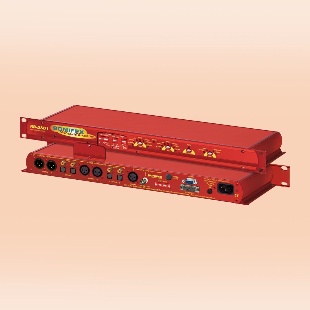 Pair of Sonifex RB-DSD1 stacked displaying front and rear panels on peach orange background