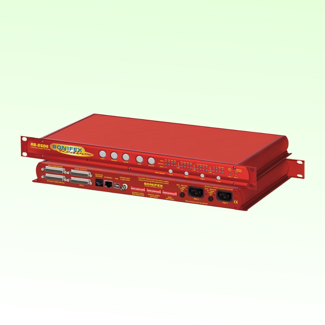 Pair of Sonifex RB-DSD8 stacked displaying front and rear panels on yellow green background