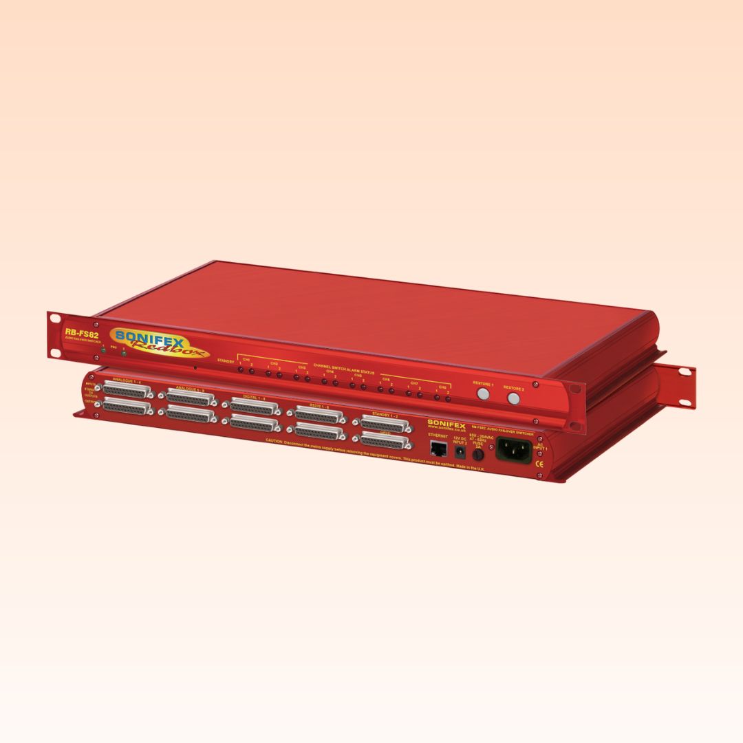 Pair of Sonifex RB-FS82 stacked displaying front and rear panels on orange background