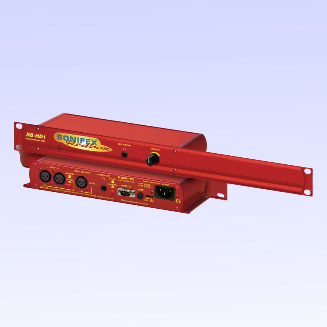 Two Sonifex RB-HD1 stacked on each other exposing front and rear panels on light purple background