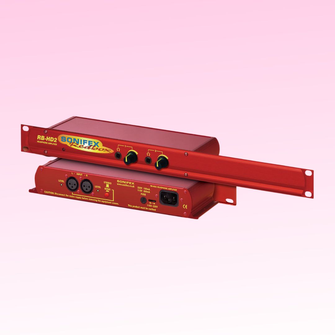 Pair of Sonifex RB-HD2 stacked on each other displaying front and rear panels on pink background