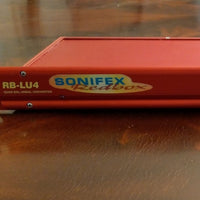 Close up of front panel of Sonifex RB-LU4 on wooden table