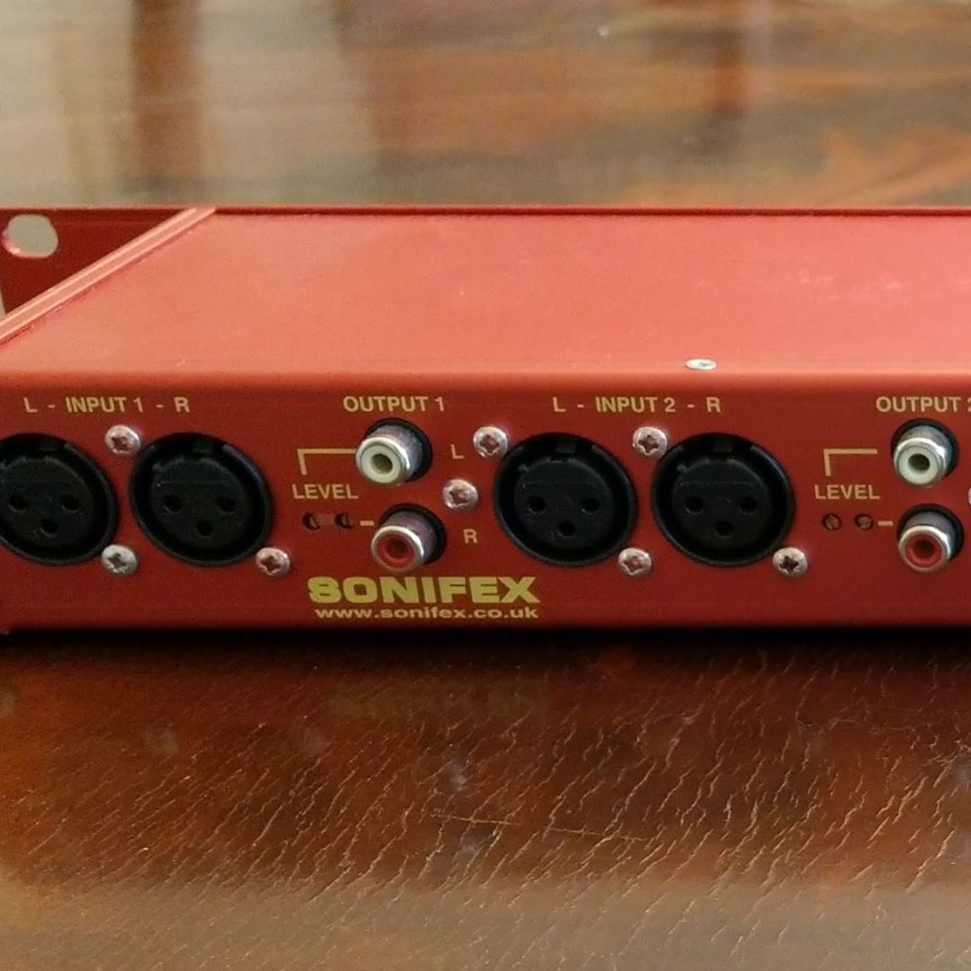 Close up of rear panel of Sonifex RB-LU4 on wooden table