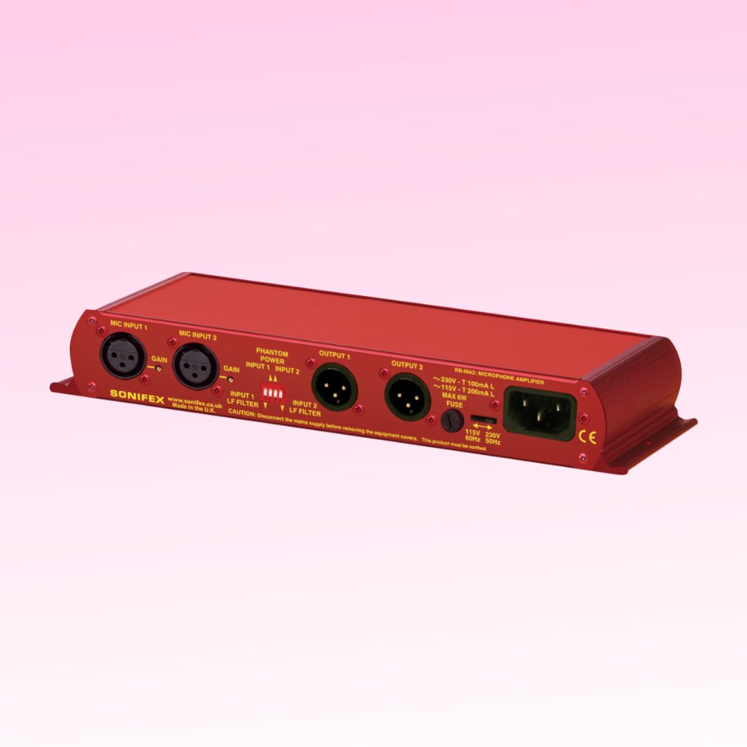 Angled rear panel of Sonifex RB-MA2 on pink background
