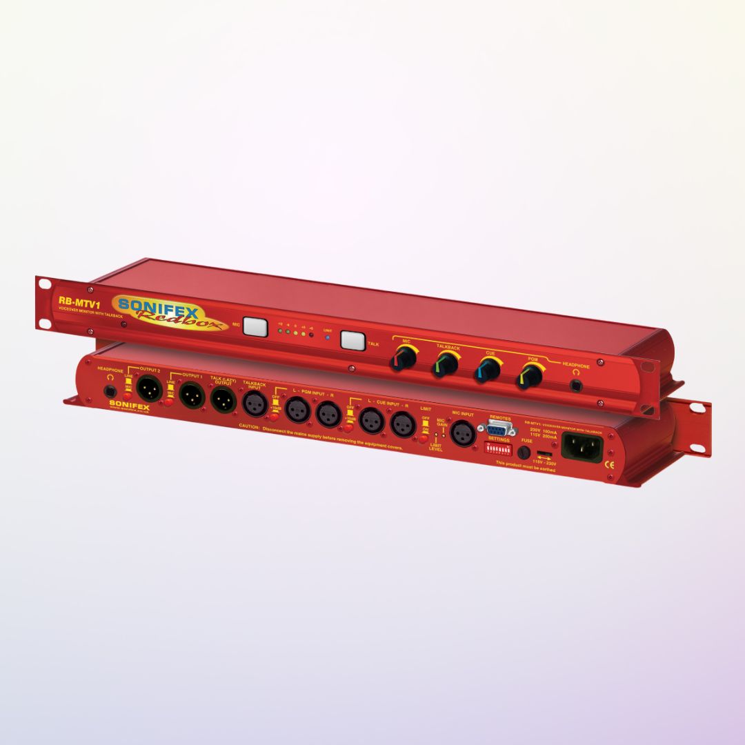 Two Sonifex RB-MTV1 stacked on each other exposing rear and front panels on purple gradient background