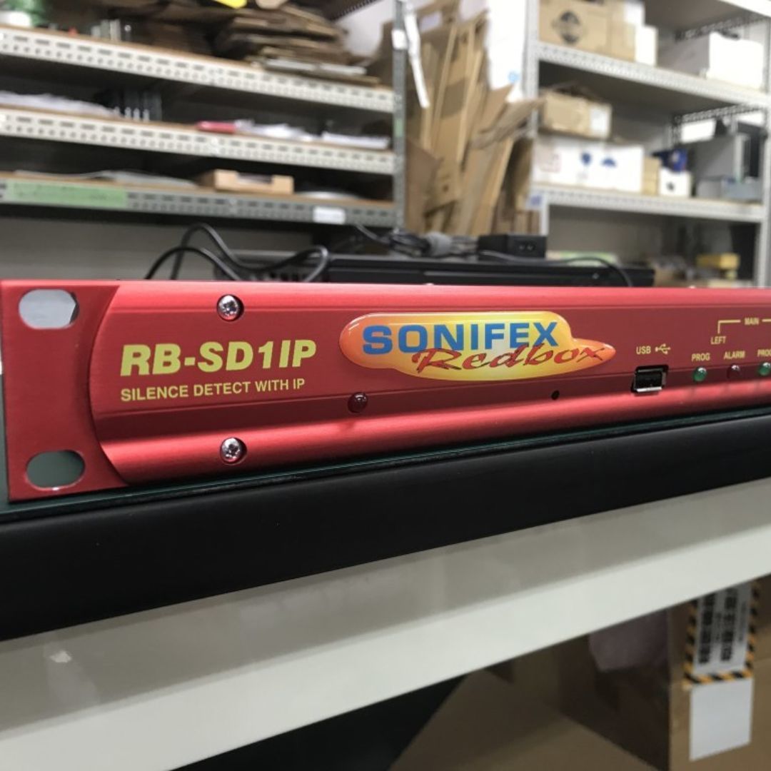 Close up of Sonifex RB-SD1IP on top of a table inside a storage room