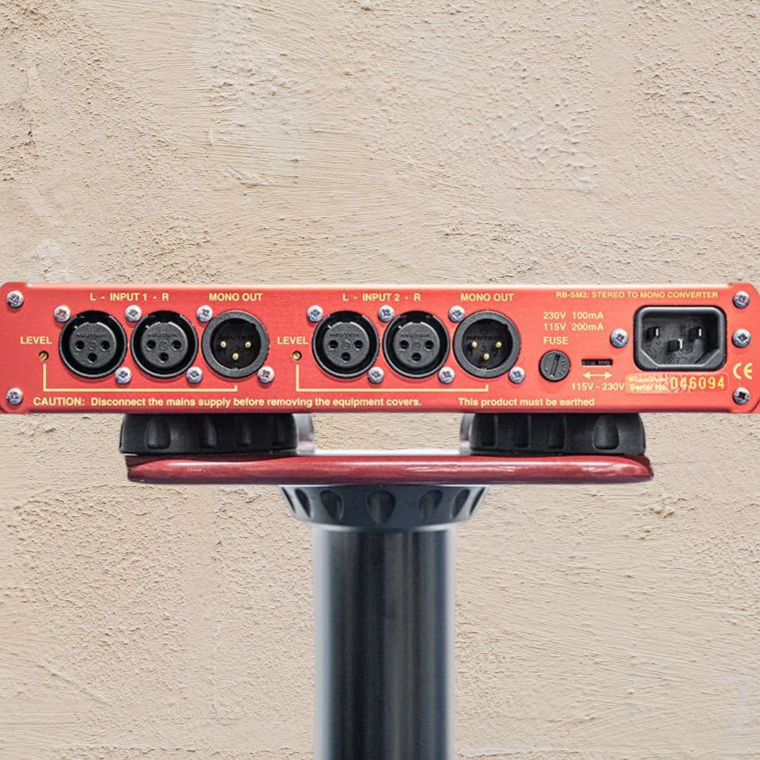 Rear panel shot of Sonifex RB-SM2 mounted on top of stand on textured beige background