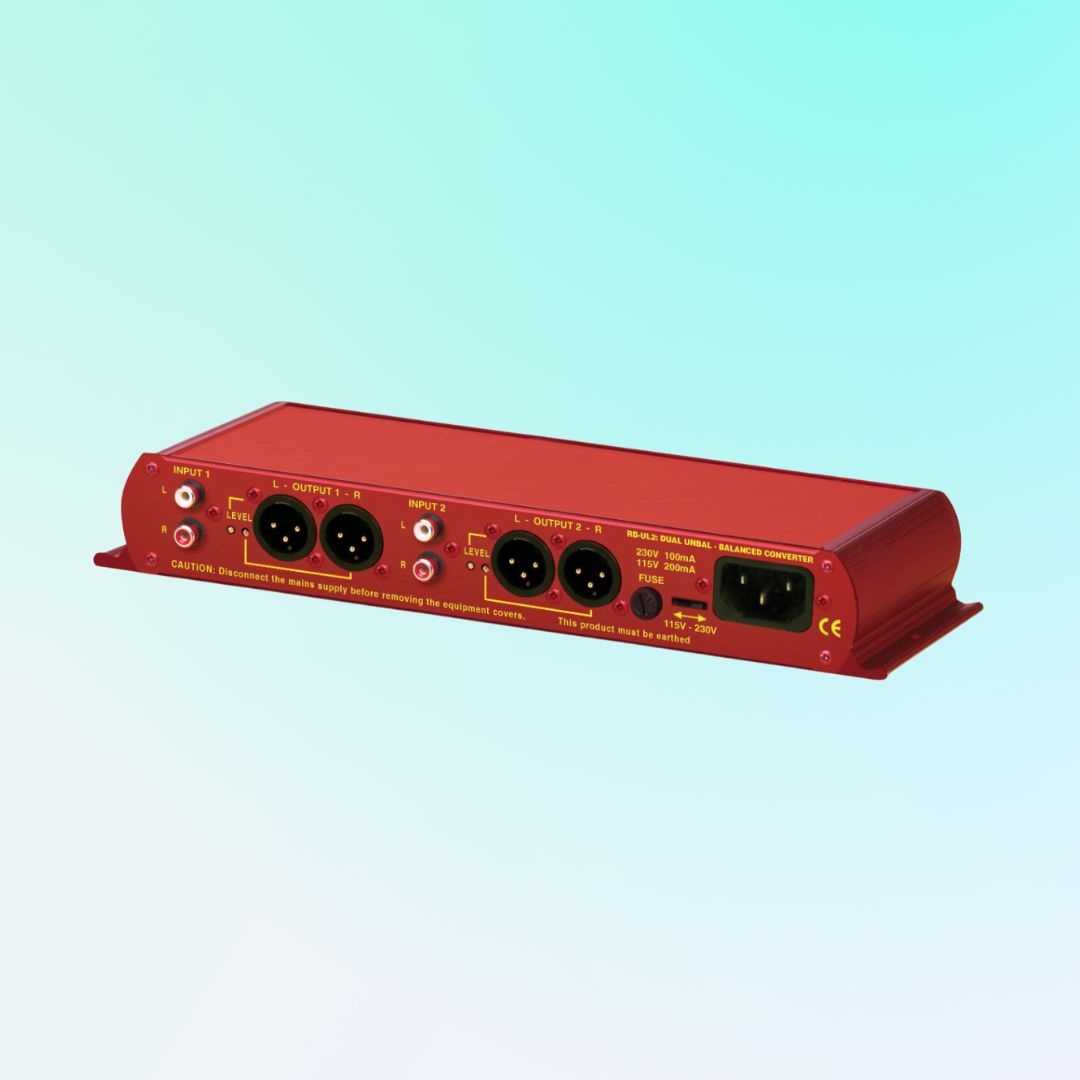 Angled shot of front panel of Sonifex RB-UL2 on light blue background