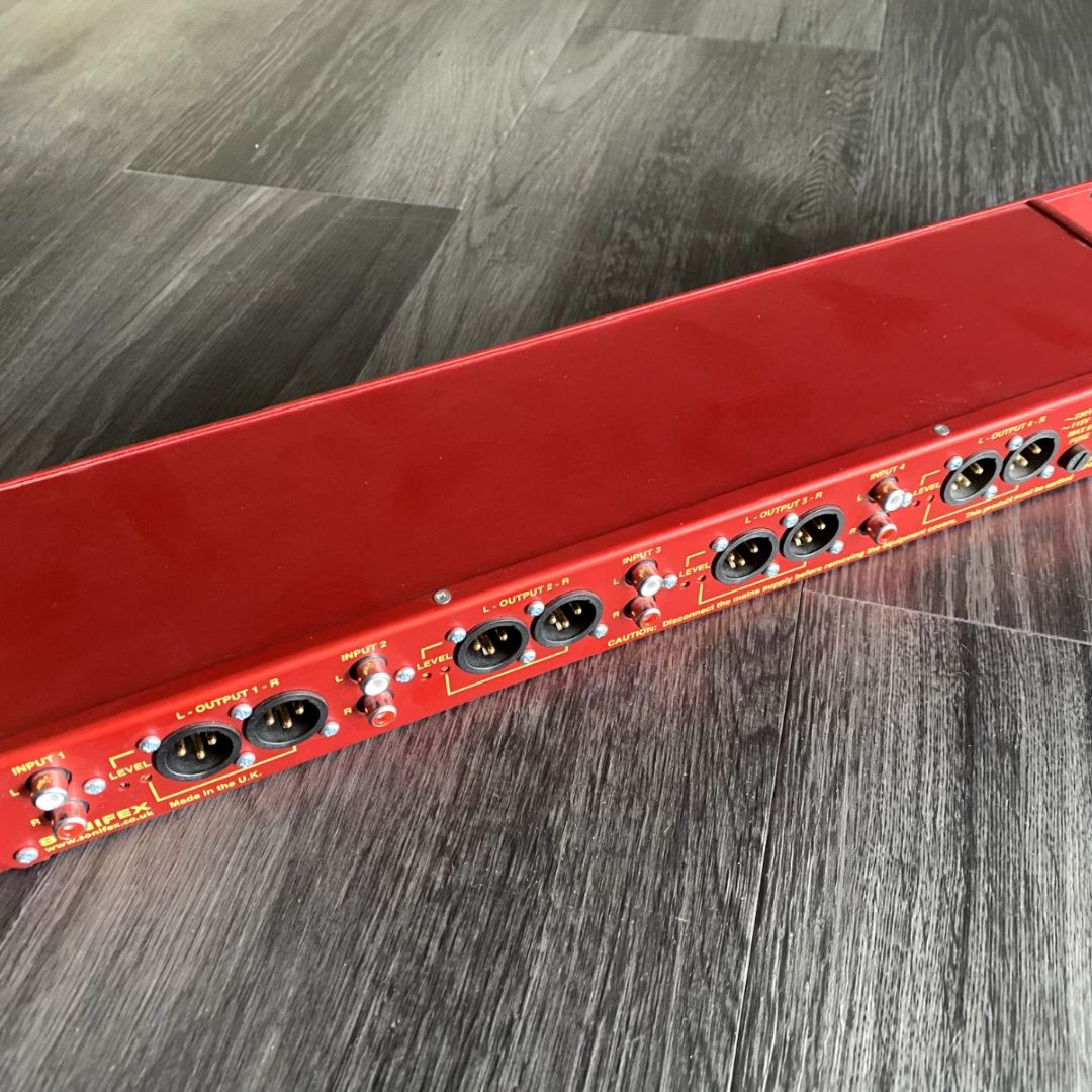 Top view of rear panel of Sonifex RB-UL4 on grey gradient wooden floor