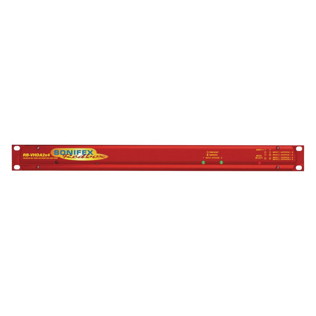 Front panel of Sonifex RB-VHDA2X4 on white background
