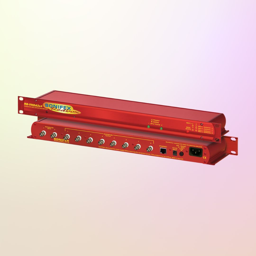Stacked pair of Sonifex RB-VHDA2X4 displaying front and rear panels on yellow and pink gradient background