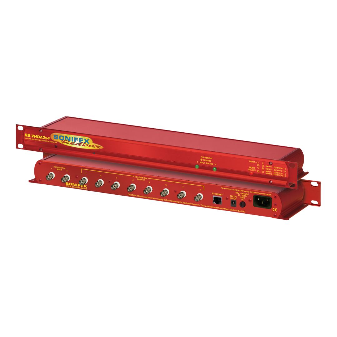 Stacked pair of Sonifex RB-VHDA2X4 displaying front and rear panels on white background