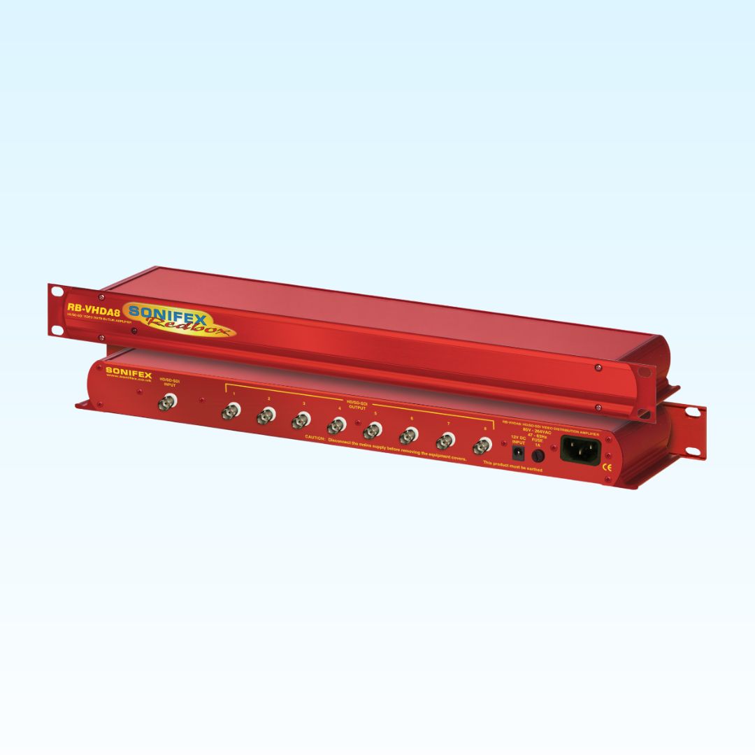 Pair of Sonifex RB-VHDA8 stacked displaying front and rear panels on blue background