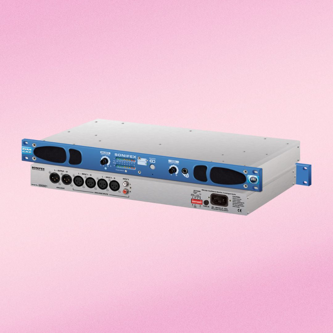 Pair of Sonifex RM-CA2 stacked displaying front and rear panels on pink background