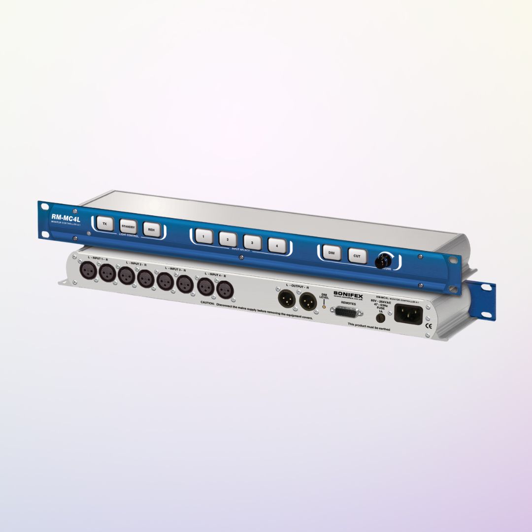 Pair of Sonifex RM-MC4L stacked displaying front and rear panels on purple background