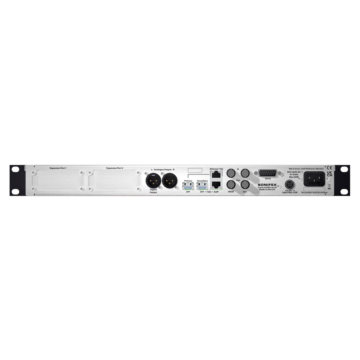 Rear ports view of Sonifex RM-X-64-DNT 64-Channel Dante & MADI Reference Monitor on white background