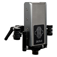 Angled view of Sontronics DELTA 2 Rugged Ribbon Microphone on shockmount on white background