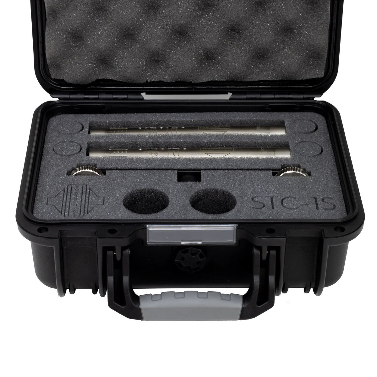 Inclusions of Sontronics STC-1S Matched Stereo Pair of Condenser Microphones Silver on white background