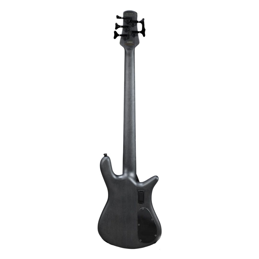 Rear view of Spector Euro 5 LX Bass Guitar Transparent Black Left-Handed on white background