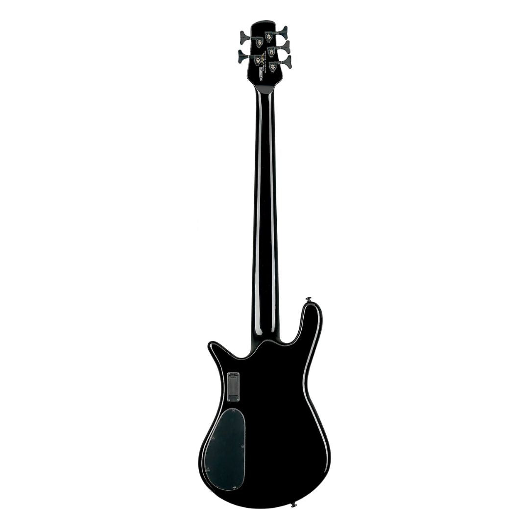 Rear view of Spector NS Dimension HP 5-String Bass Guitar Black Gloss on white background