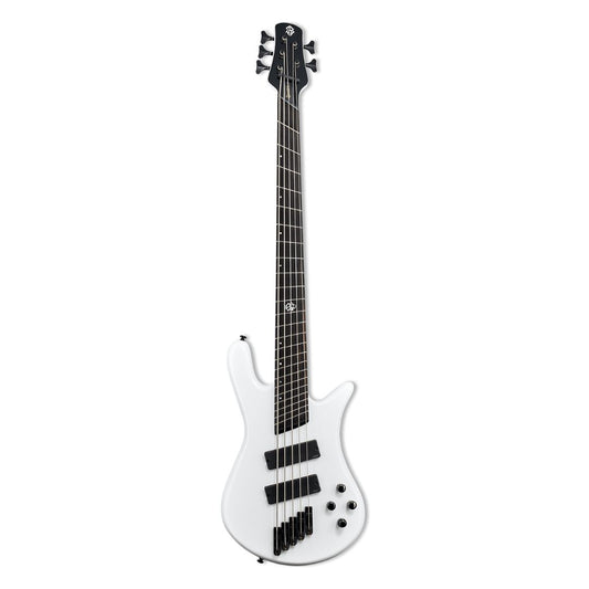 Front view of Spector NS Dimension HP 5-String Bass Guitar White Sparkle Gloss on white background