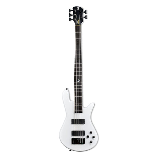 Front view of Spector NS Ethos HP 5-String Bass Guitar White Sparkle Gloss on white background