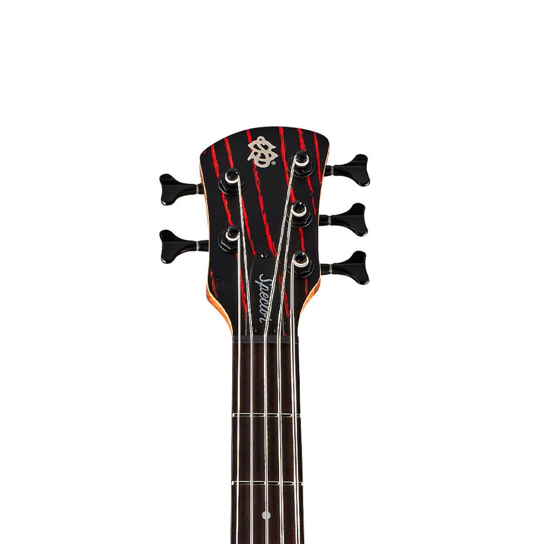 Close up view of Spector NS Pulse 5-String Left-Handed Bass Guitar (Cinder Red) Headstock on white background