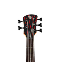 Close up view of Spector NS Pulse 5-String Left-Handed Bass Guitar (Cinder Red) Headstock on white background