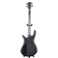 Black electric bass guitar on a white background