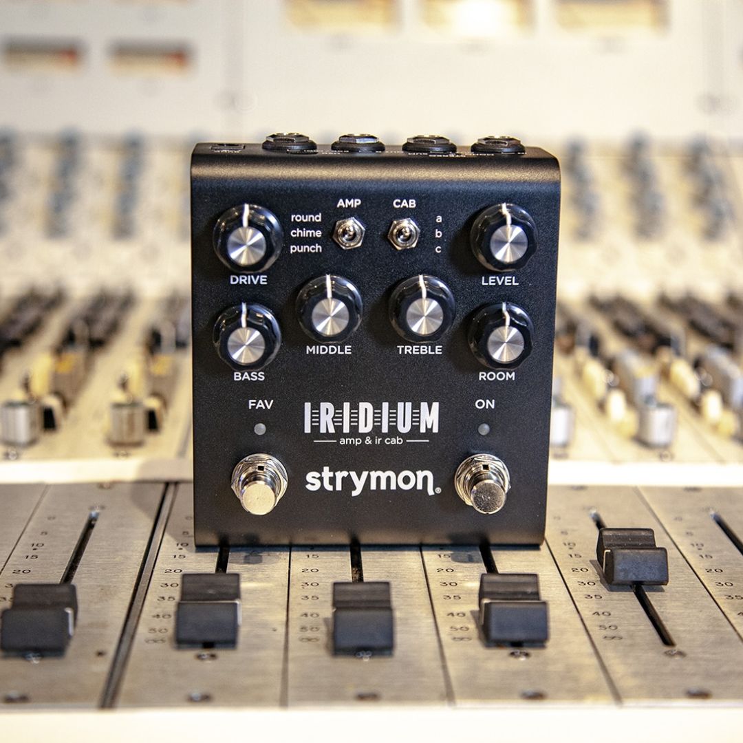 Front view of Strymon Iridium on top of studio console